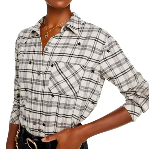 Rails Milo embroidered plaid flannel button up ivory check stars size medium - Picture 1 of 5